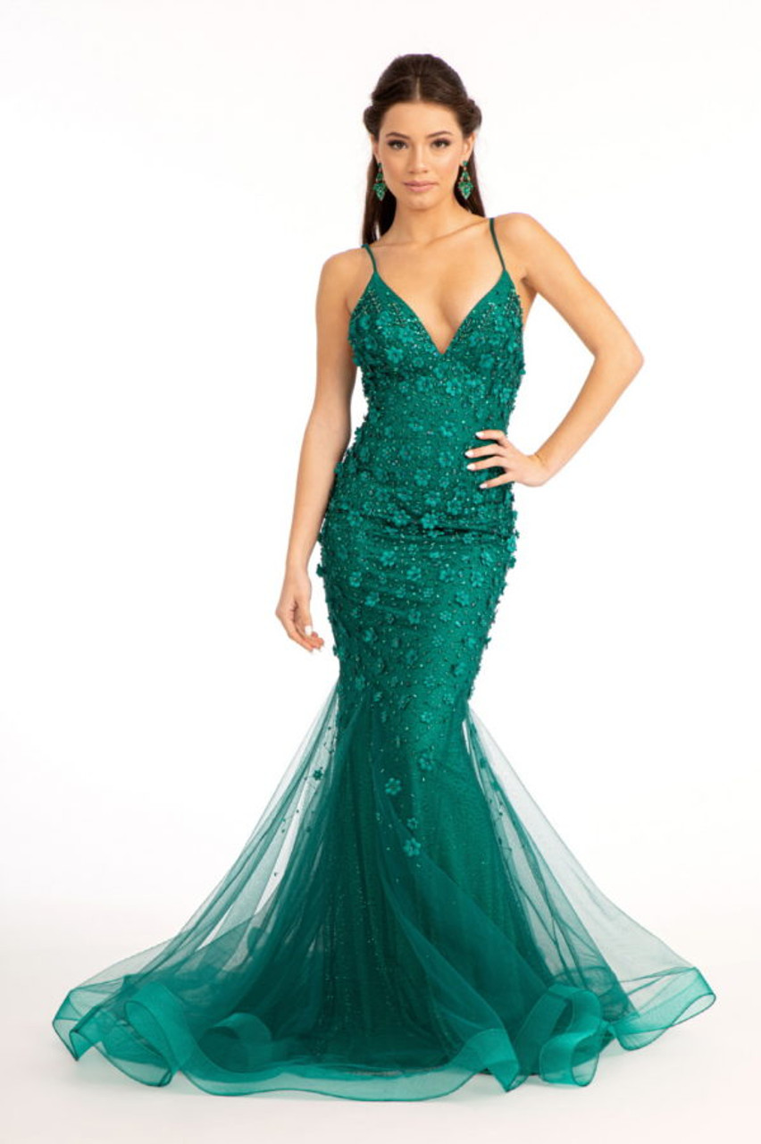 Green Mermaid Beaded Satin Prom Party Pageant Dress Evening Formal