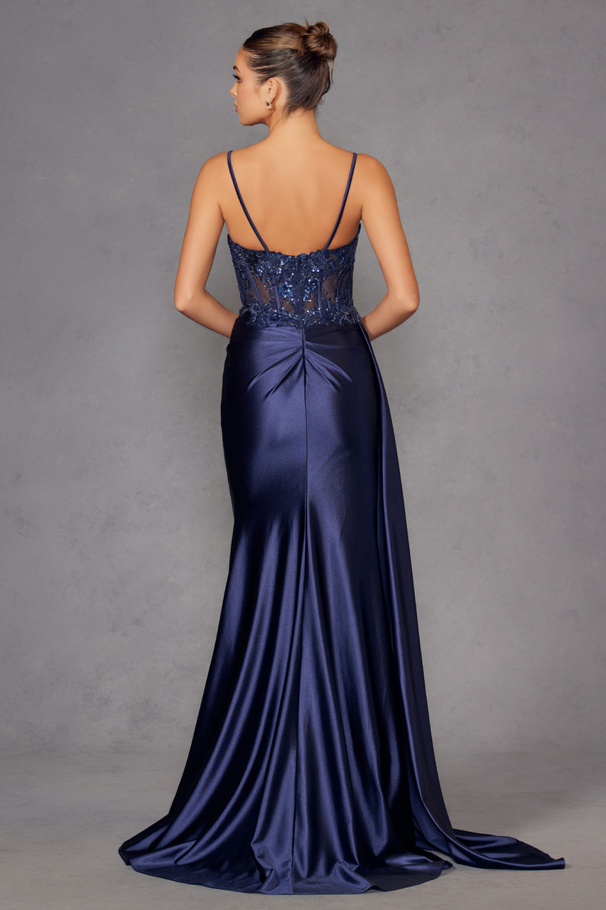 formal dresses for women navy blue Navy Blue Tulle Lace A-line V-neck Prom Dresses, Long Formal Dresses, MP642