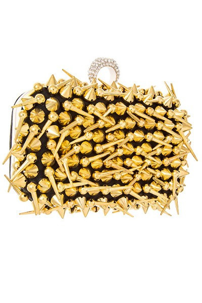 Introducing, chic- one of a kind gold spike metal clutch bag with one ring rhinestone closure. NOTE spikes are on the front of the bag only.  shop prom-avenue 

Length: 6 inches

Width 2 inches

Height: 4 inches

Lead and Nickel Compliant product 