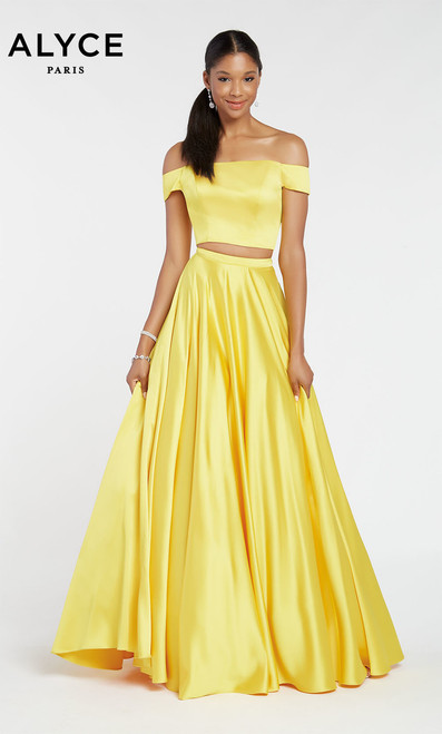 Sweet and sexy two piece satin ballgown by Alyce 1426 with A-line skirt and an off the shoulder crop top - shop prom-avenue 
Available in White, Black, Claret, Yellow, Sapphire 