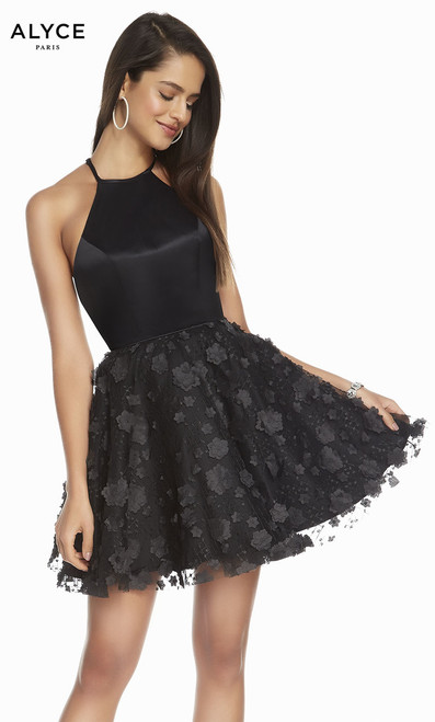 Cutest little black dress we have seen this season in Alyce 3860, classy but fun with high neckline and criss cross strappy back- shop prom-avenue 

Available in Black only 
