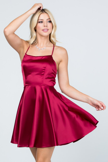 Burgundy color satin like fit and flare dress with pretty lace up criss cross back for homecoming and cocktail dress in style LS 25713-M, shop prom avenue

Available in Burgundy