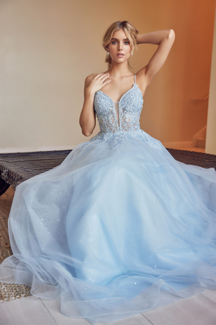 Ice Blue Long Prom Dress with Side Slit style CD 270
