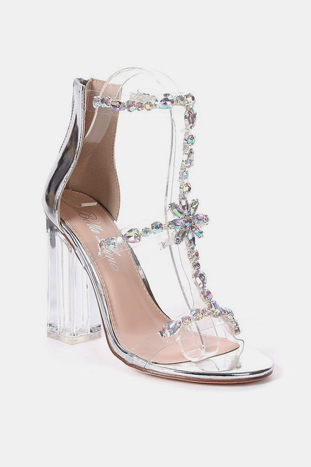 Chunky clear lucite heels in style Bummy 02-S that is adorned with beautiful AB stone with zip closure, open toe dress shoes. Perfect for prom and formals - shop prom avenue 

Available in Silver 