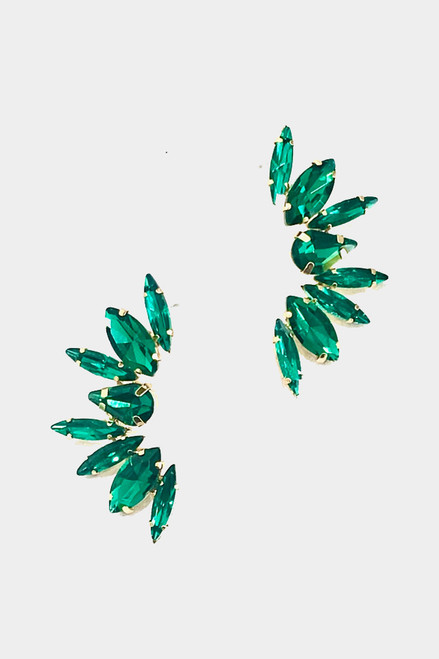 Dazzling rhinestone statement earrings with modern design in emerald color stones on gold tone settings and post back - shop prom avenue 

Measurements: 1.5 x 2.0 L

Post Back

Lead and Nickel Compliant