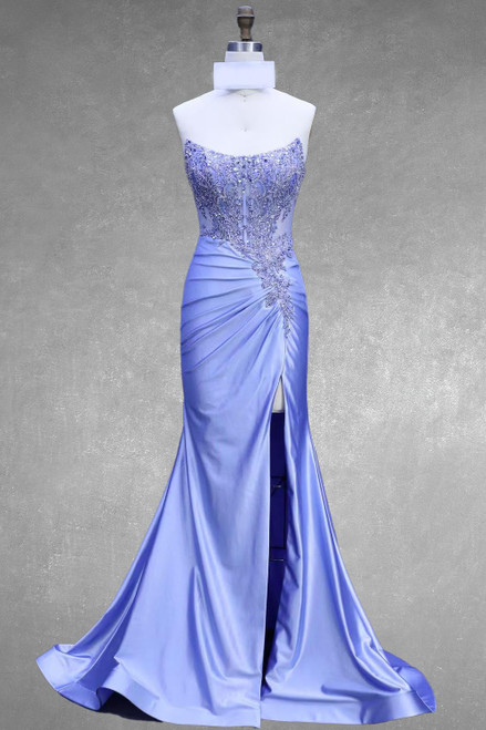 AMELIA 8059, Blue prom dress, blue formal gown, blue semi formal gown, blue strapless dress, blue fitted dress, blue prom dress with side slit, gala dress, winter formals, elegant prom dress, sophisticated prom dress, perfect prom dress, teen school dance dress, dance dress, evening wear, evening dress