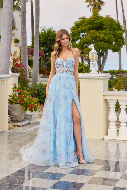 Juliet Blue prom dress, blue formal gown, blue semi formal gown, blue strapless dress, blue fitted dress, blue prom dress with side slit, gala dress, winter formals, elegant prom dress, sophisticated prom dress, perfect prom dress, teen school dance dress, dance dress, evening wear, evening dress,PROM AVENUE
