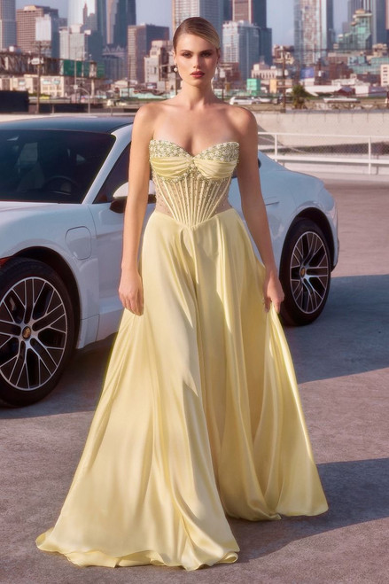 Yellow prom dress, Yellow formal gown, Yellow semi formal gown, Yellow strapless dress, Yellow fitted dress, Yellow prom dress with side slit, gala dress, winter formals, elegant prom dress, sophisticated prom dress, perfect prom dress, teen school dance dress, dance dress, evening wear, evening dress,PROM AVENUE
