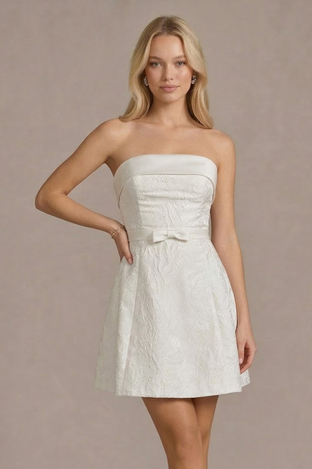 off white, graduations, short , bow, satin, brocade, dinner nights , prom avenue 