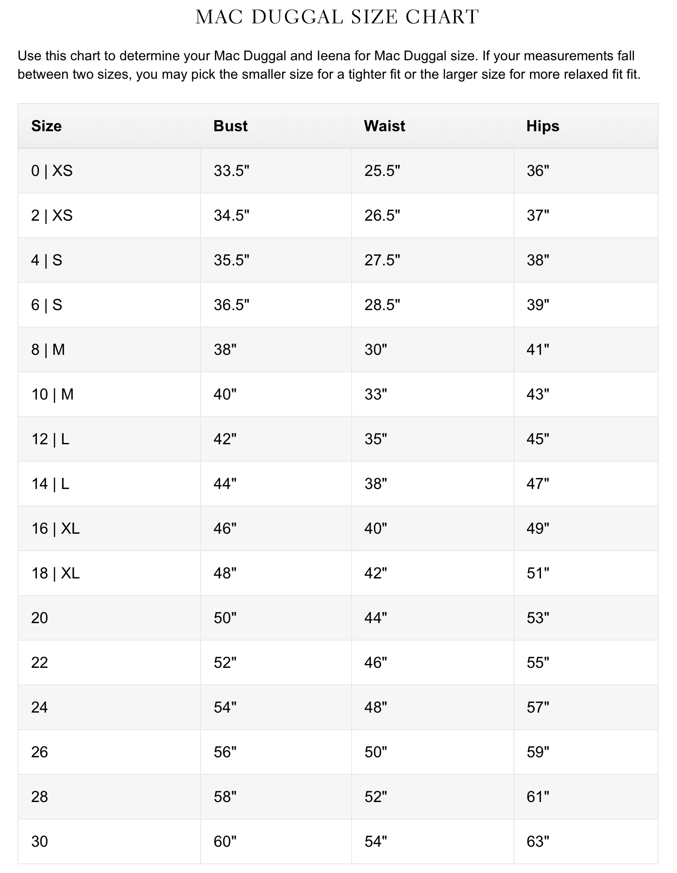 Mac Duggal Size Guide