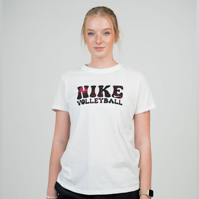 Nike Women's Volleyball Retro Wordmark Dri-Fit Cotton Tee - White/Pink Blast