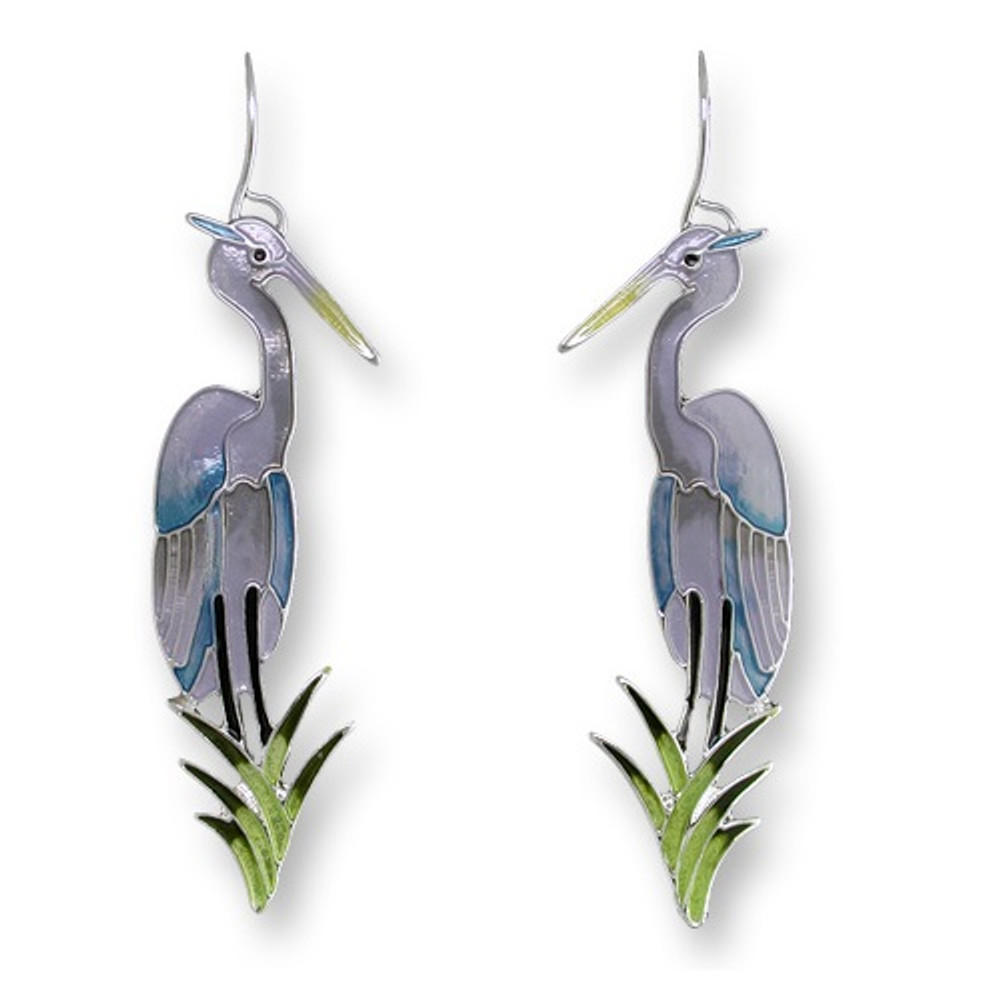 Great Blue Heron Enameled Silver Plated Wire Earrings | Zarah Jewelry | 21-38-Z1