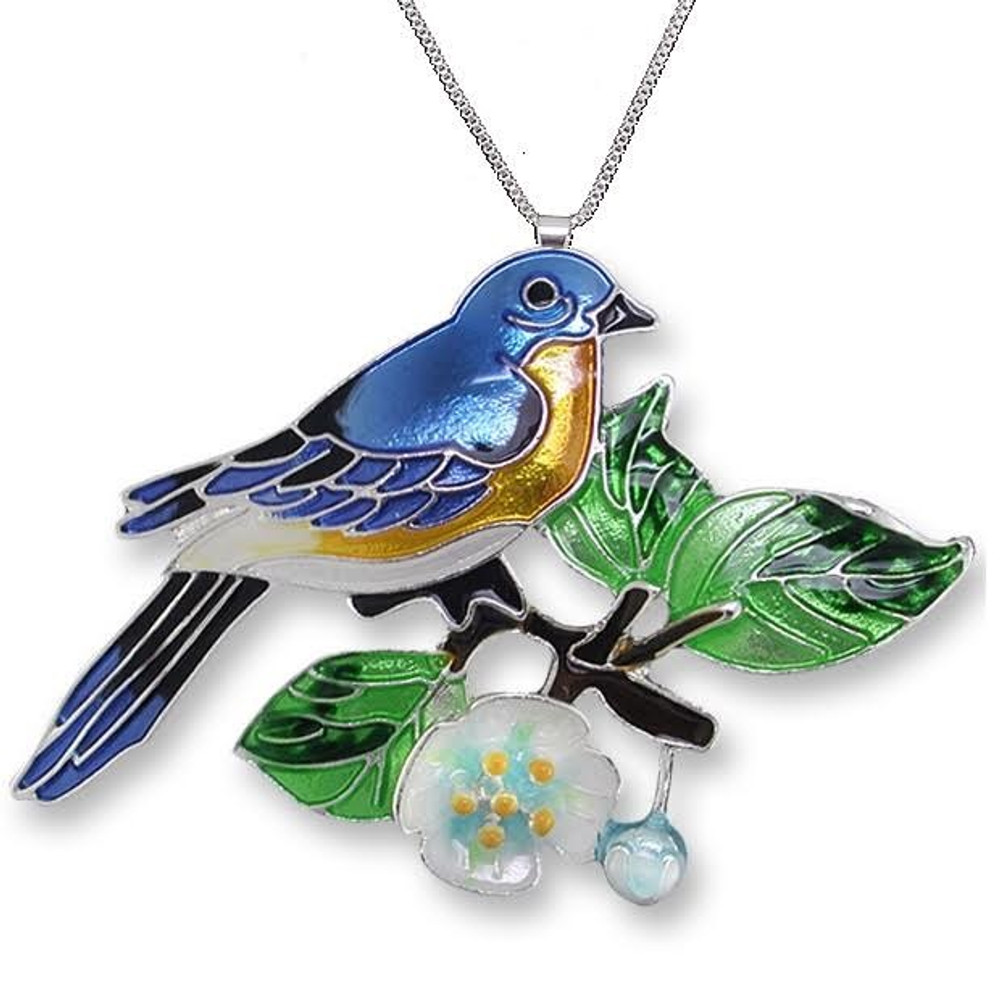 Bluebird and Dogwood Enameled Silver Plated Necklace | Zarah Jewelry | 21-39-Z2P
