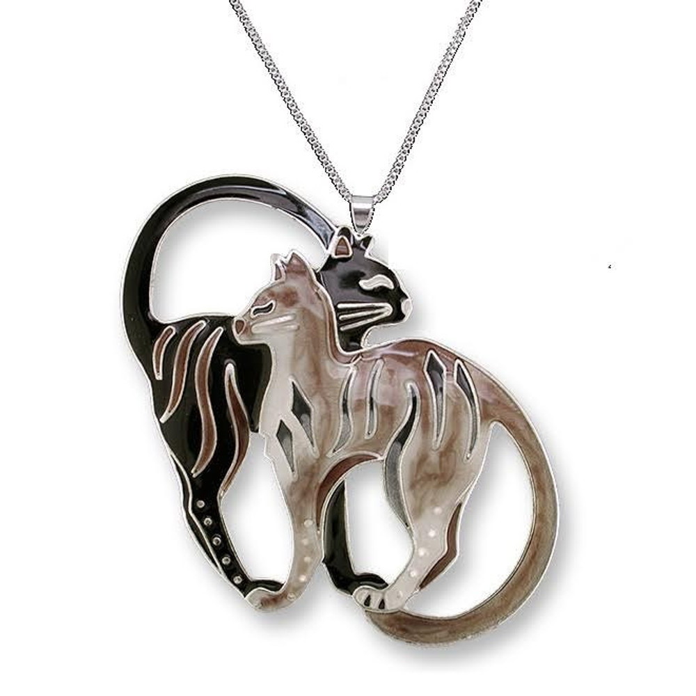 Cat Pair Enameled Silver Plated Necklace | Zarah Jewelry | 27-02-Z2P