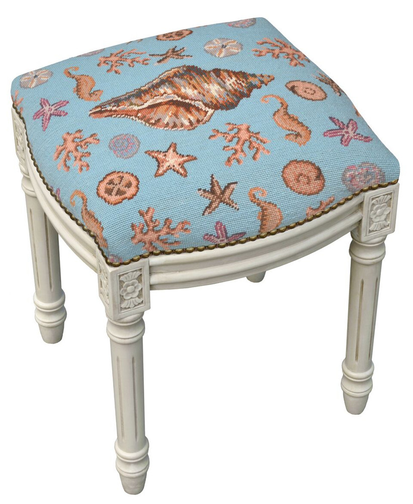 Sea Shell Needlepoint Vanity Stool | Shell Vanity Stool | C701WFS