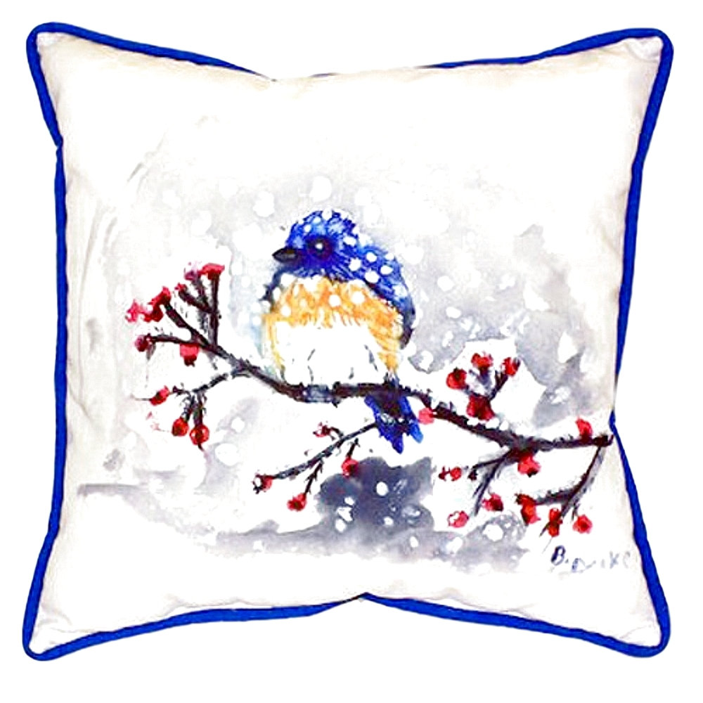 Blue Bird in Snow Indoor Outdoor Pillow 22x22 | Betsy Drake | BDZP515