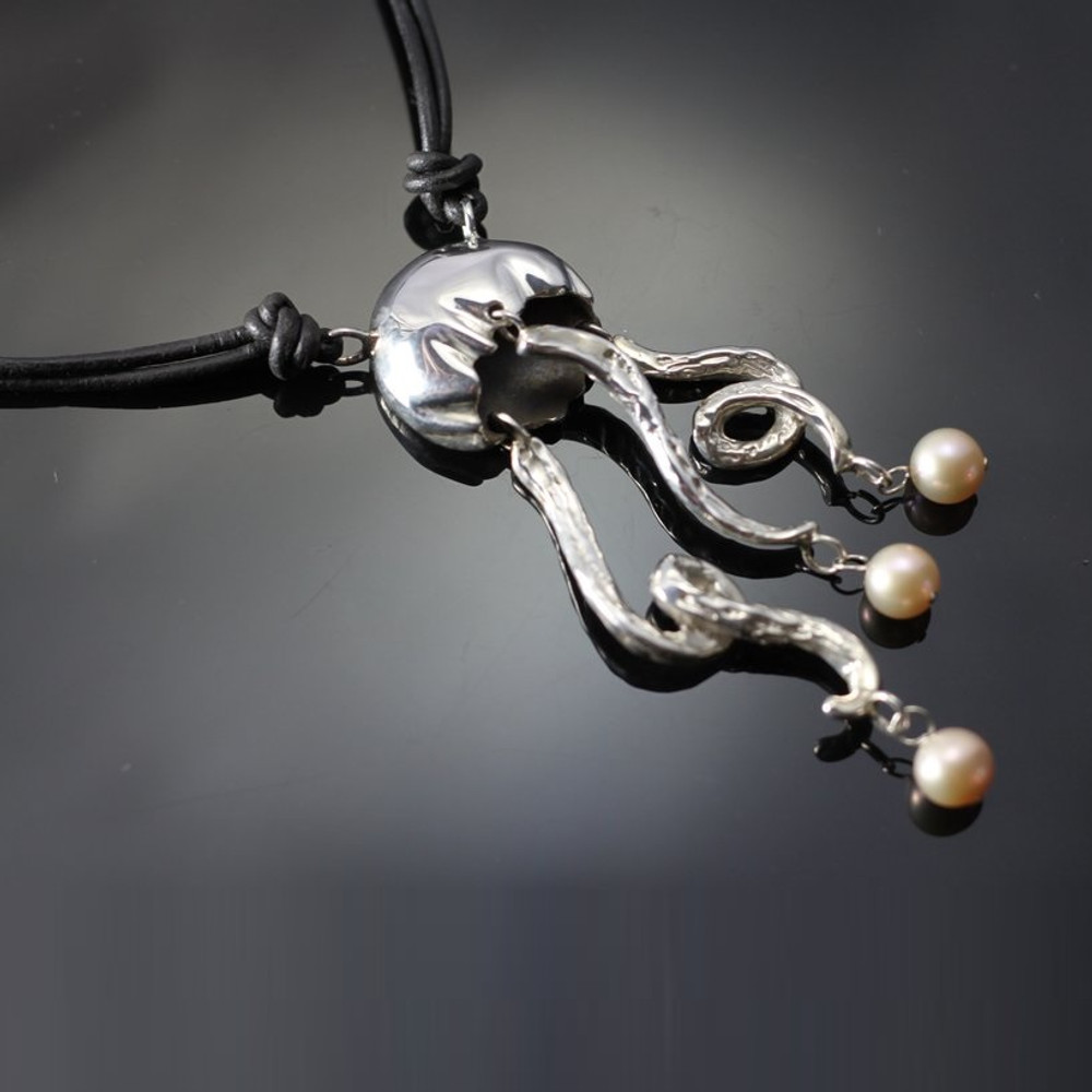 Jellyfish Silver Pendant with Pearls on Cord | Anisa Stewart Jewelry | S1021NP