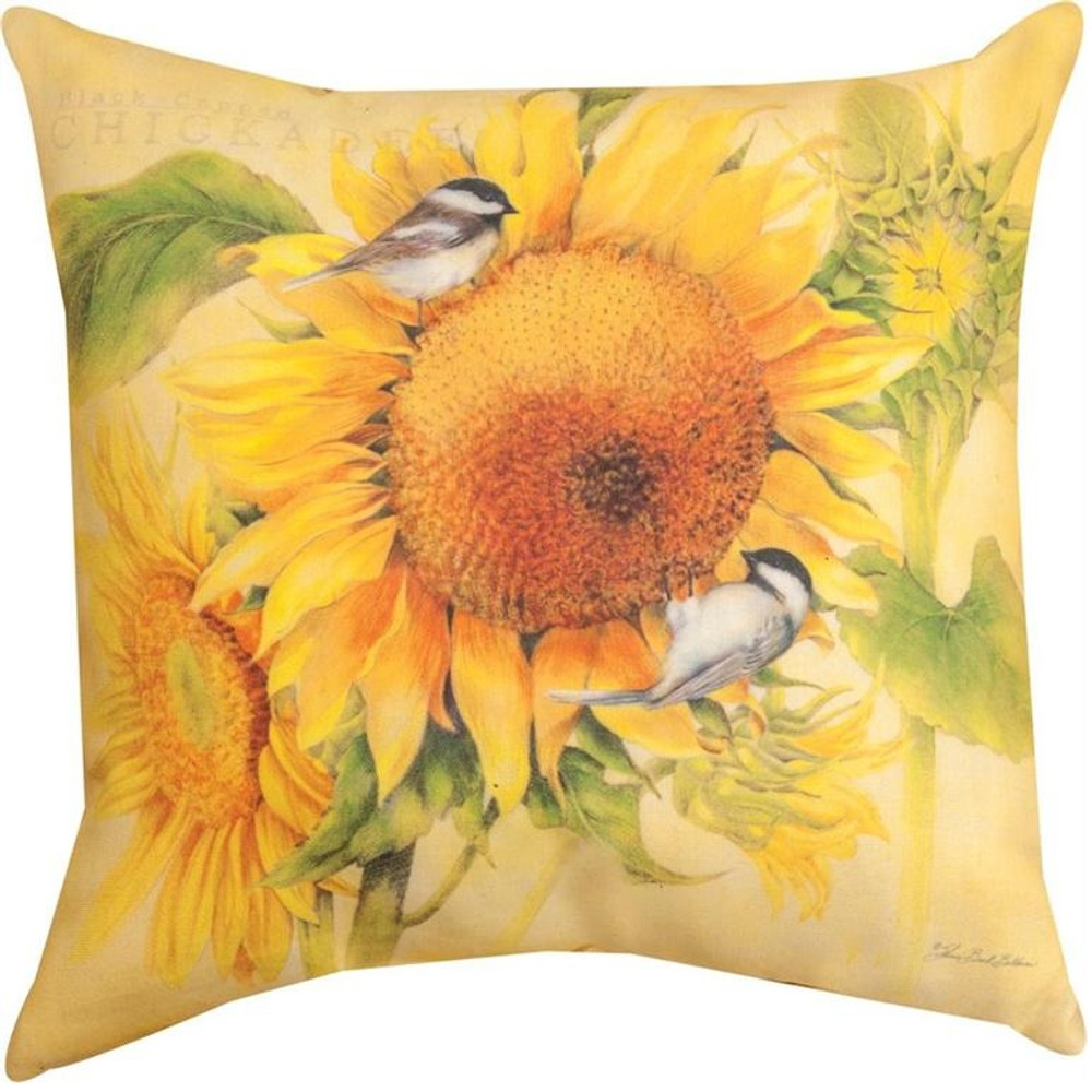 Chickadee and Sunflower Indoor/Outdoor Pillow | Manual Woodworkers | SLFAST