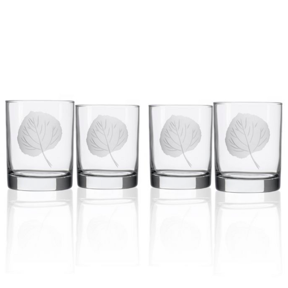 Aspen Leaf Double Old Fashioned Glass Set of 4 | Rolf Glass | 702001