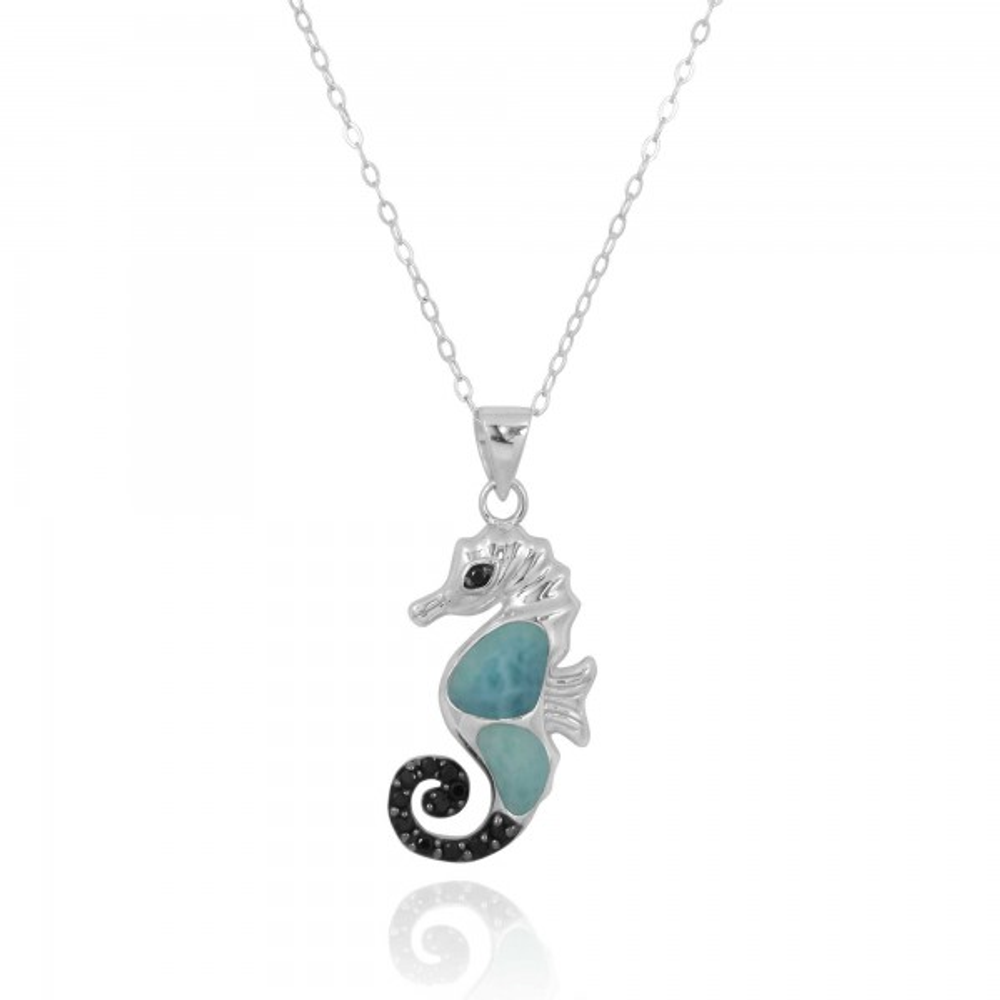 Seahorse Larimar and Black Spinel Pendant | Beyond Silver Jewelry | NP11309-LAR -2