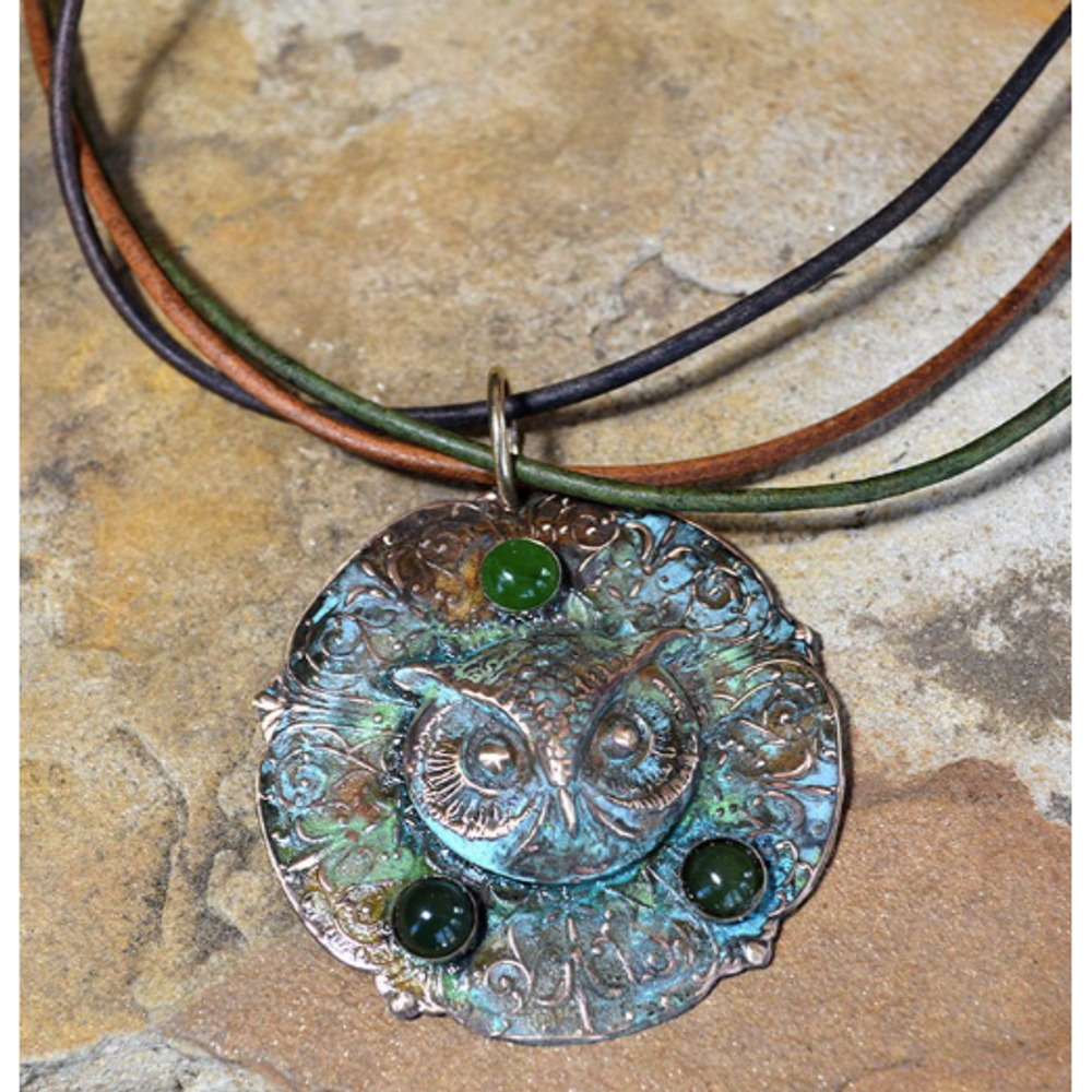 Owl Patina Brass Jade Pendant | Elaine Coyne Jewelry | OWO147PD