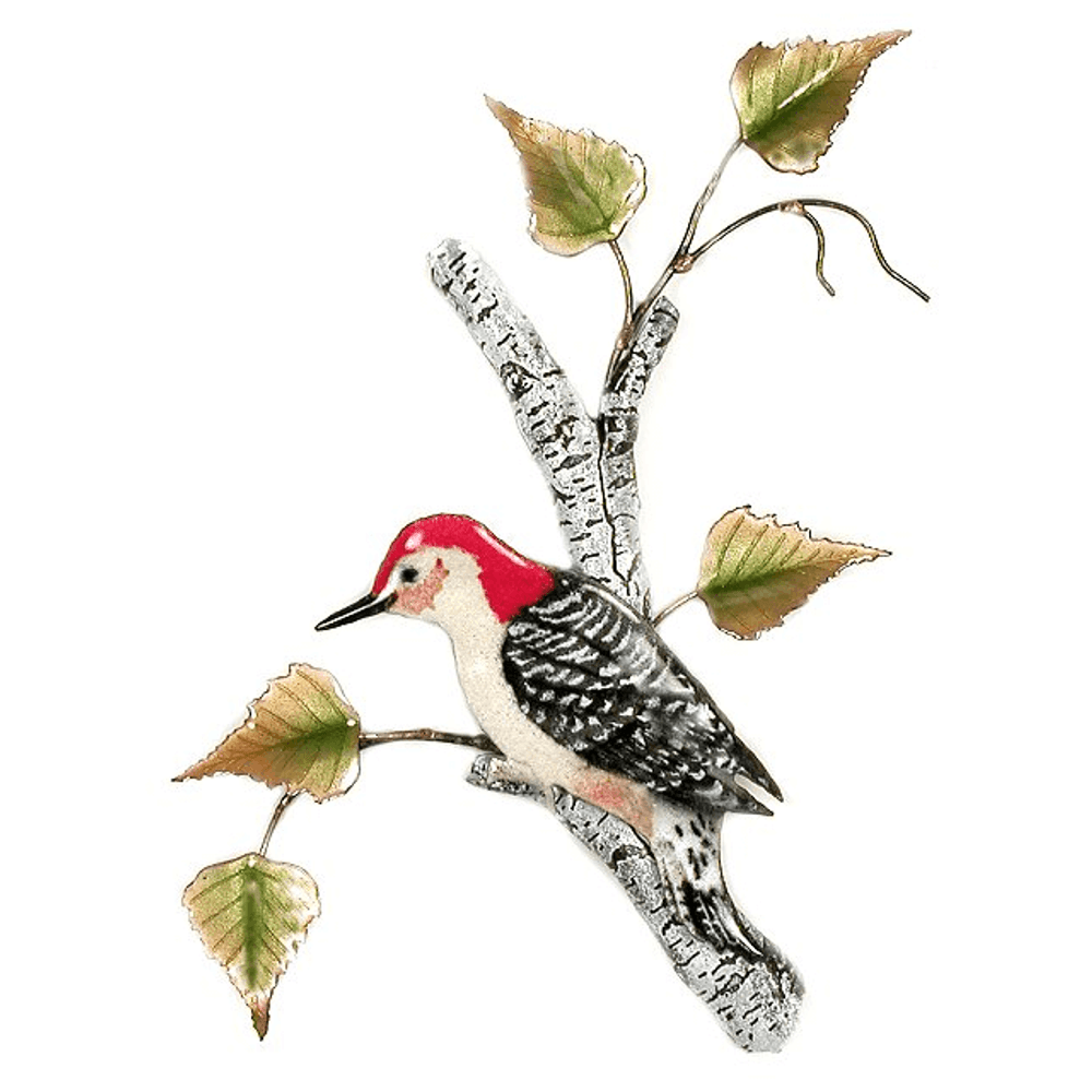 Bovano Red-bellied Woodpecker on Birch Enameled Copper Wall Art | W4151