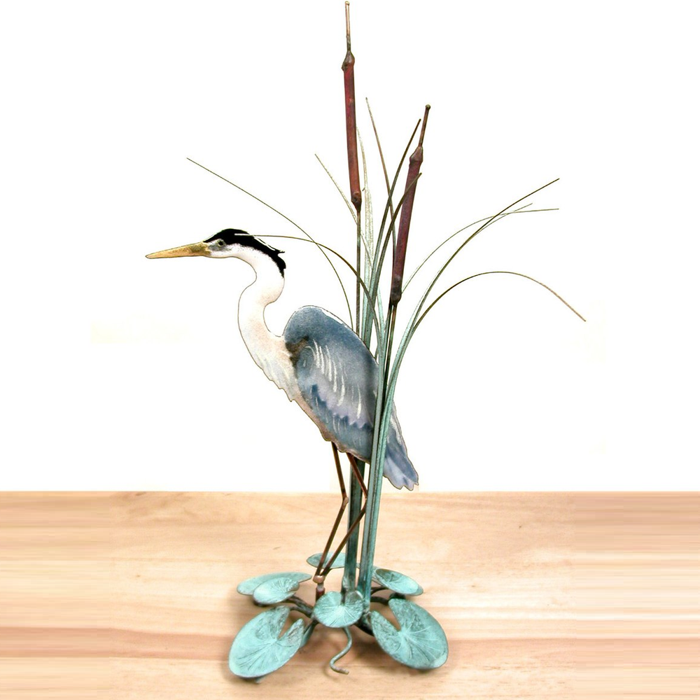 Bovano Blue Heron facing Left in Cattails Tabletop Sculpture | T17L