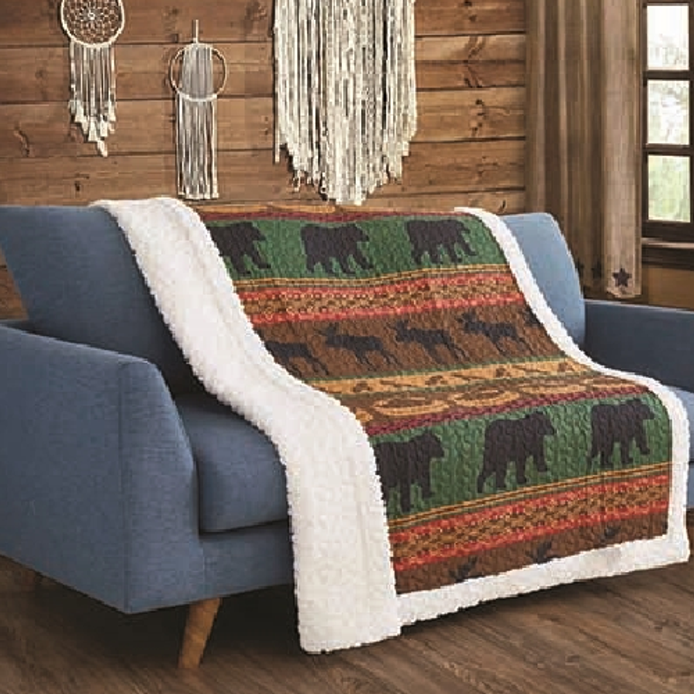 Bear and Moose Primitive Quilted Sherpa Throw Blanket | Lodge Preserve | DQST681