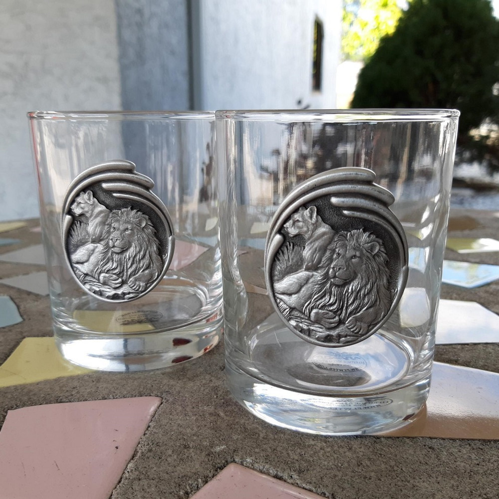 Lion Pair Double Old Fashioned Glass Set of 2 | Heritage Pewter | HPIDOF212