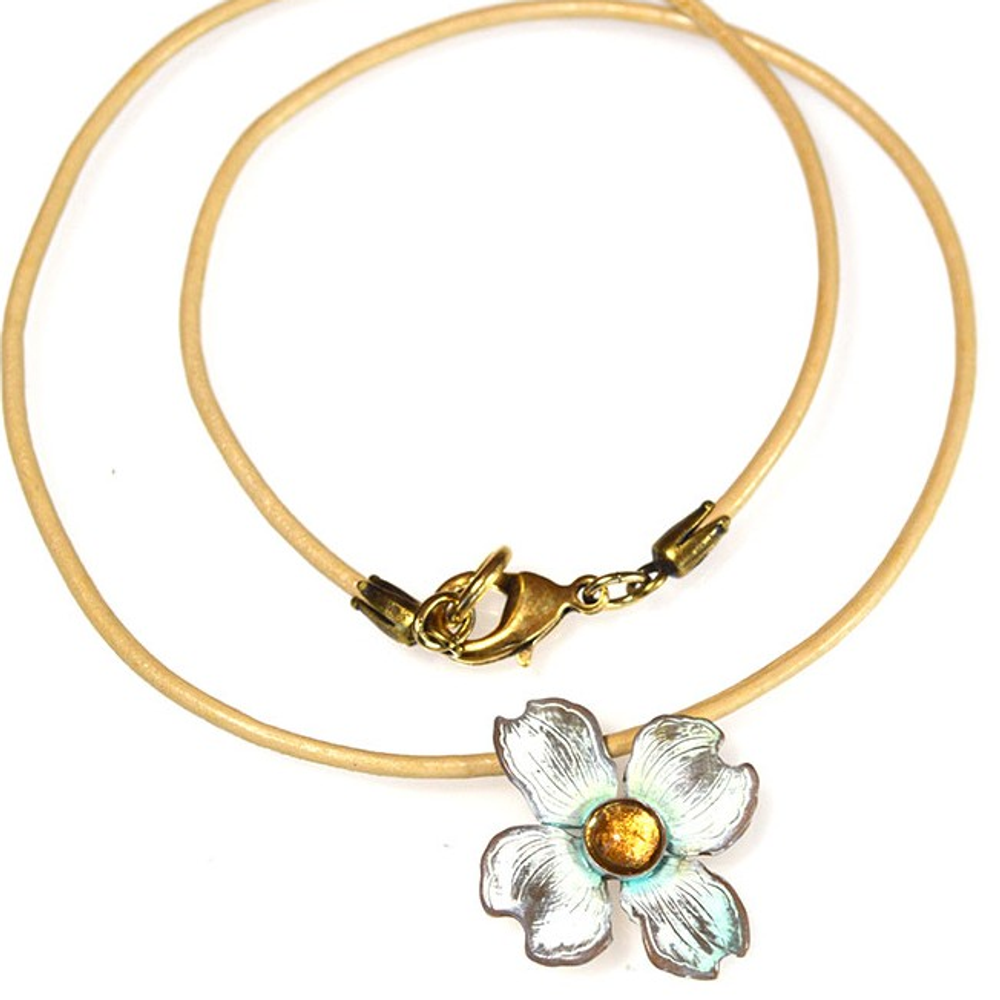 Dogwood Flower Pendant Rawhide Necklace | Elaine Coyne Jewelry | NCW8406PDLECI