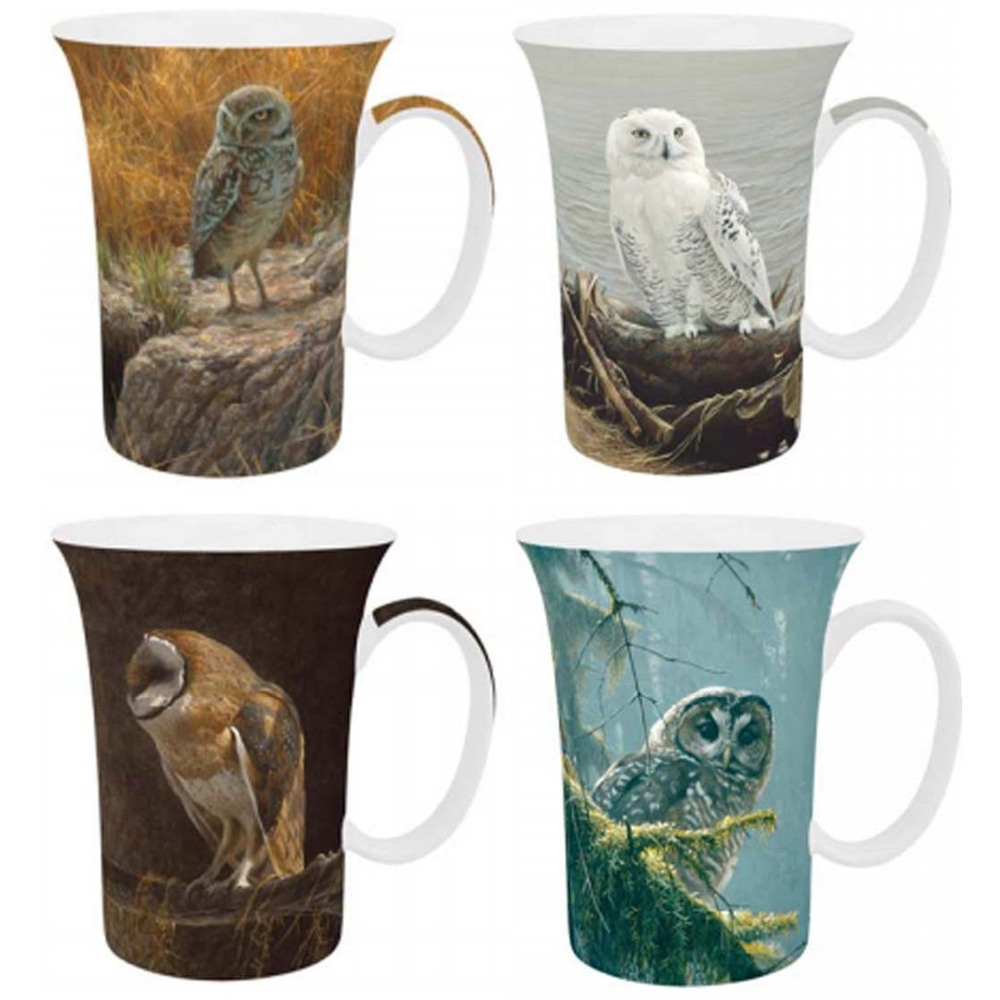 Owl Bone China Mug Set of 4 | McIntosh Trading Owl Mug | Robert Bateman Owl Mug Set