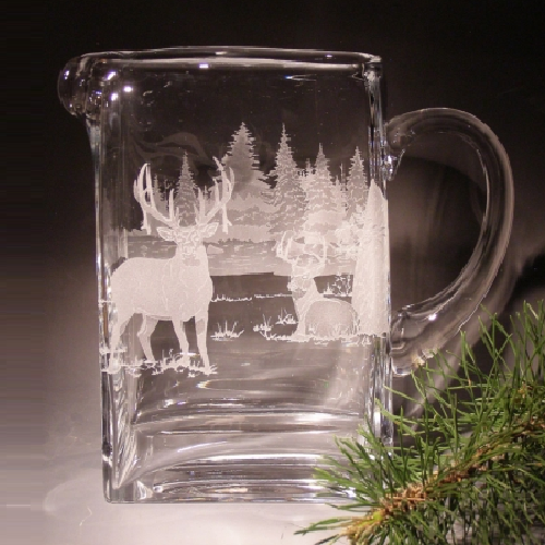 Whitetail Deer Glass Pitcher Etched Crystal Whitetail Deer Glass