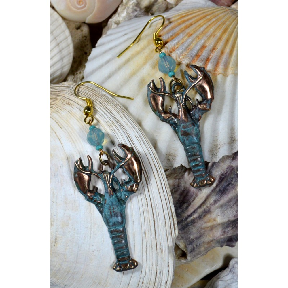 Lobster Verdigris Patina Brass Wire Earrings with Swarovski Crystal | Elaine Coyne Jewelry | ECGOCP672ECR