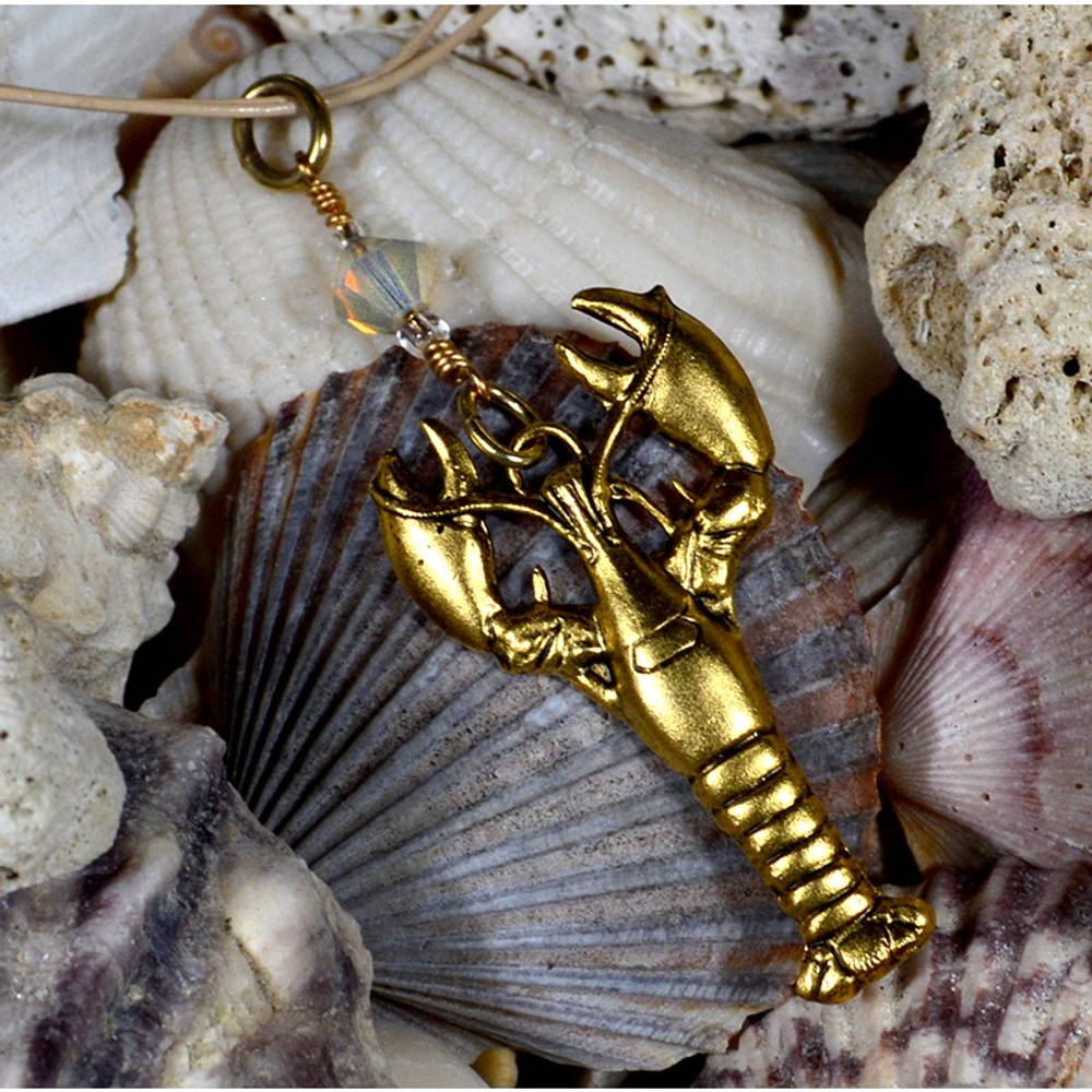 Lobster Antiqued Gold Solid Brass Pendant Necklace with Swarovski Crystal | Elaine Coyne Jewelry | ECGOCP672PDCR