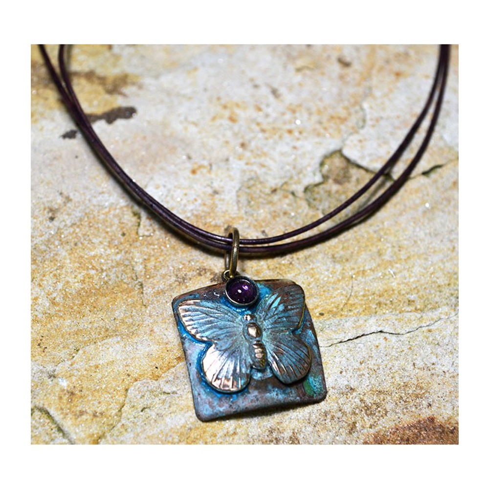 Butterfly Verdigris Patina Solid Brass Pendant Necklace with Amethyst | Elaine Coyne Jewelry | ECGBUP129PDAM