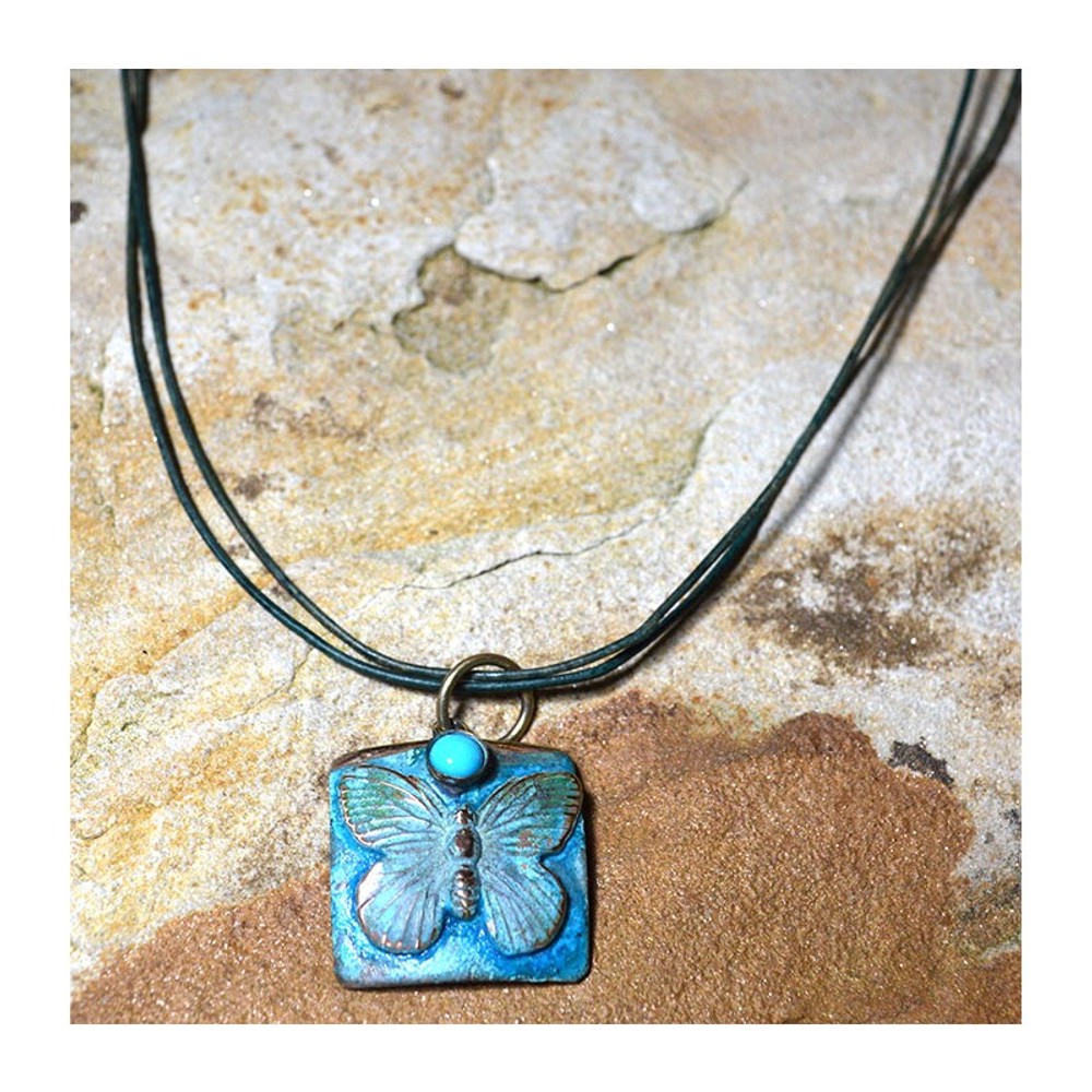 Butterfly Verdigris Patina Solid Brass Turquoise Pendant Necklace | Elaine Coyne Jewelry | ECGBUP129PDTU
