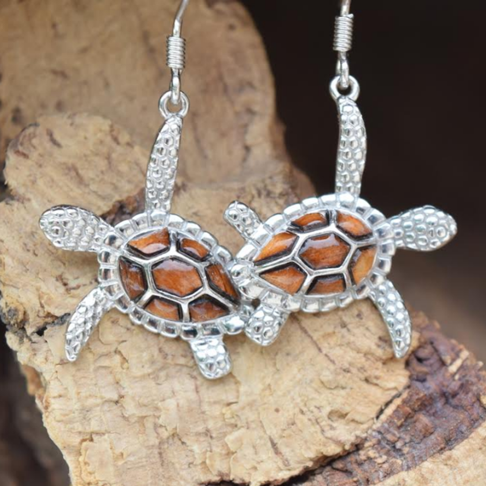 Sea Turtle Sterling Silver and Cork Tree Wire Earrings | Nature Jewelry