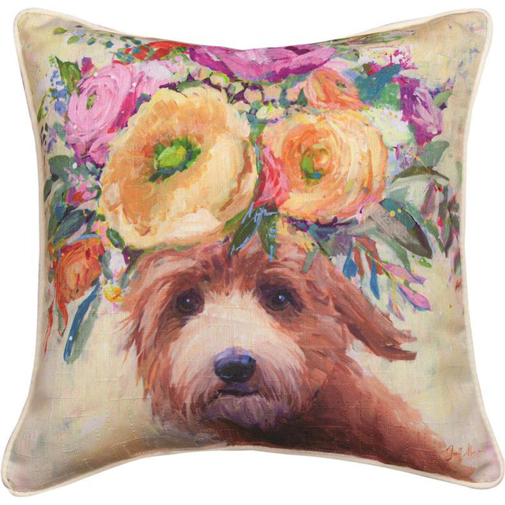 Dogs in Bloom Golden Doodle Floral Throw Pillow | SLDIBO