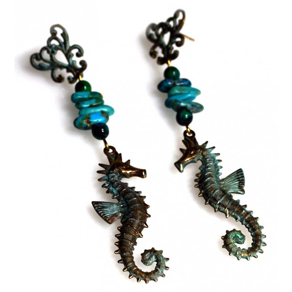 Seahorse Verdigris Patina Brass Turquoise Dangle Earrings | Nature Jewelry | ECGOCP141ETU