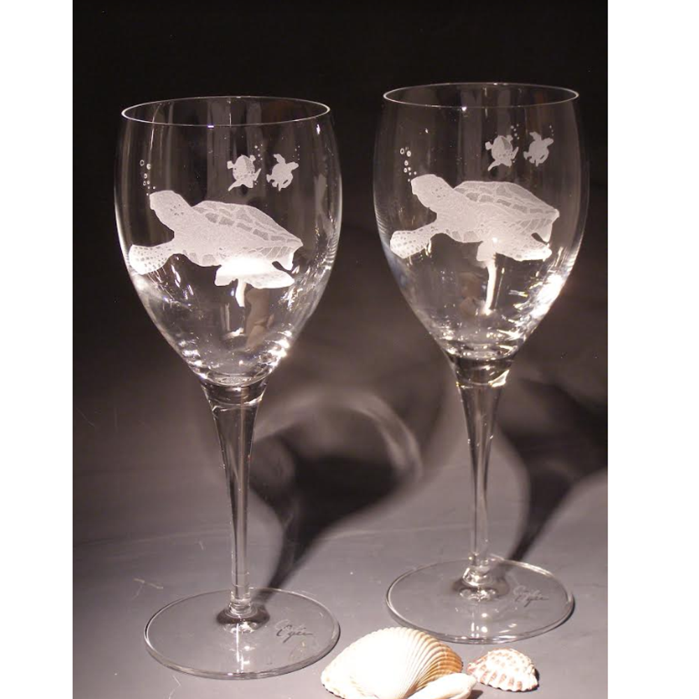 Sea Turtle Chablis Crystal 13 oz Wine Glass Set of 2 | Evergreen Crystal | ECSS-08627
