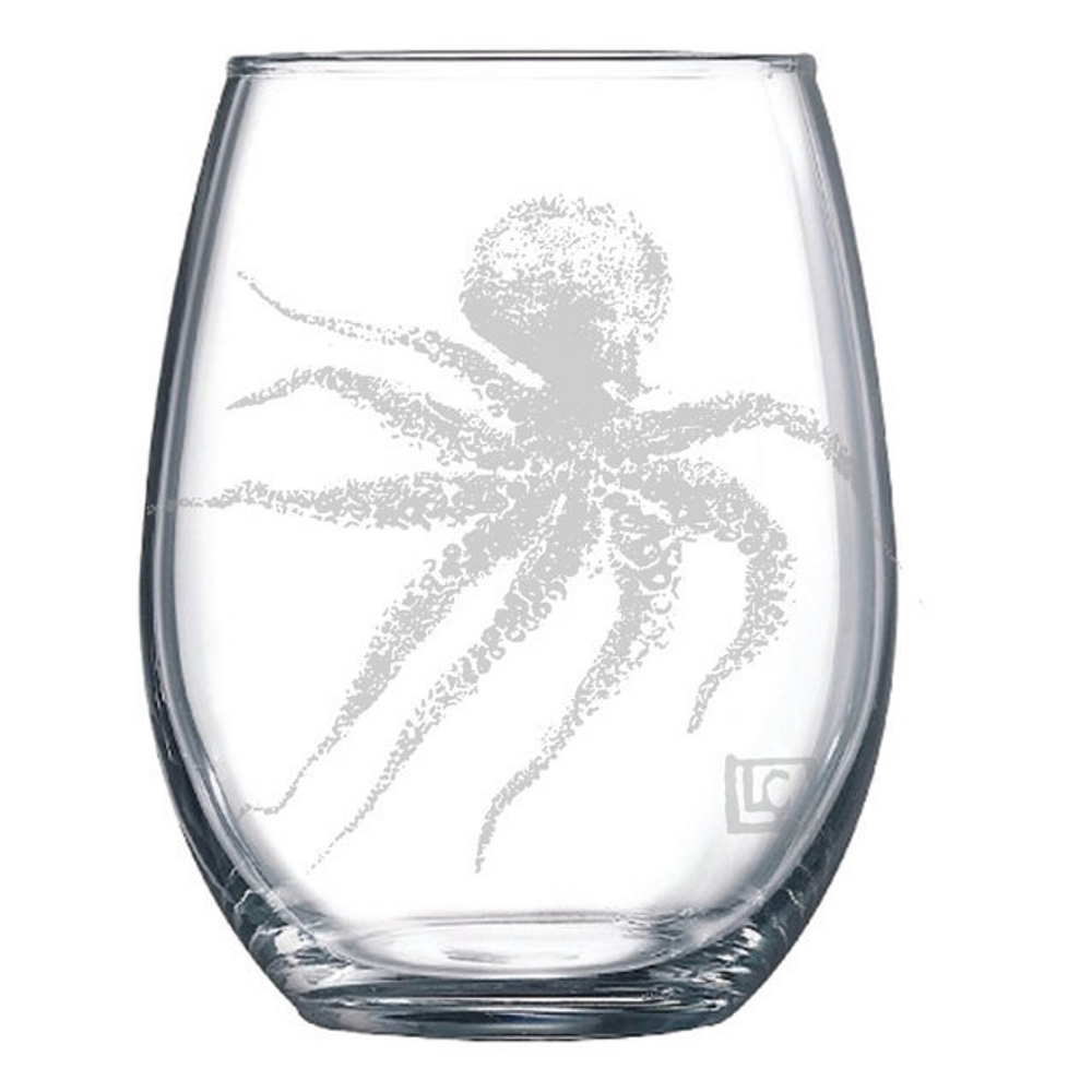 Etched Octopus Stemless Wine Glass Set of 4