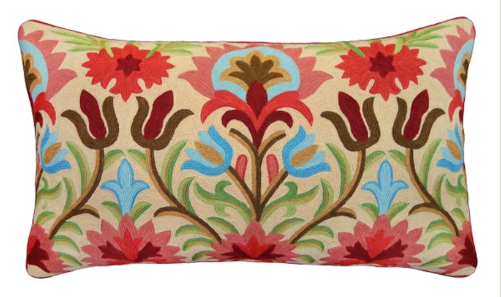 Vibrant Flower Embroidered Chain Stitch Down Throw Pillow | Michaelian Home | MICNCE1_SD1628