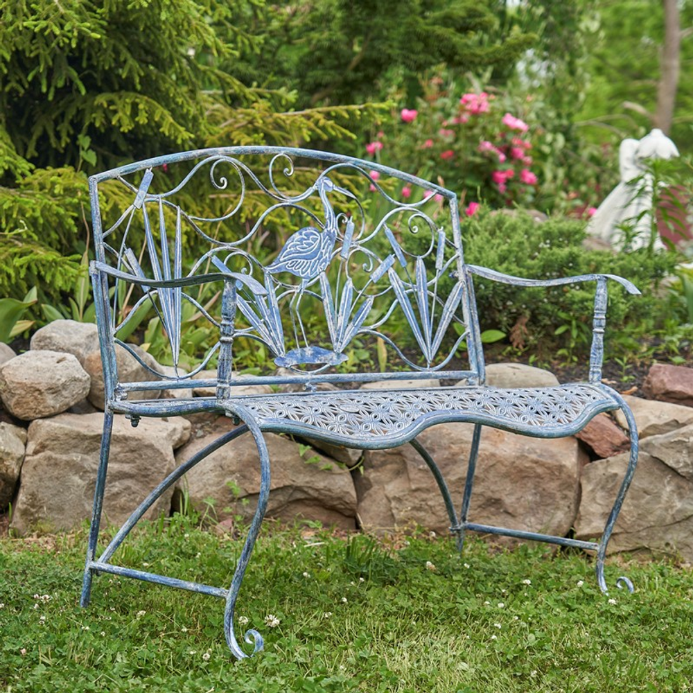 Heron and Cattails Iron Garden Bench | Zaer International | ZLIZR200451