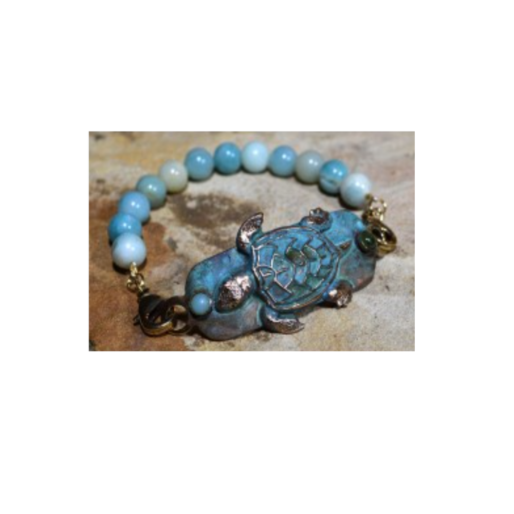 Verdigris Patina Brass Sea Turtle with Amazonite Bracelet | Elaine Coyne Jewelry | ECGAQP93RB-3