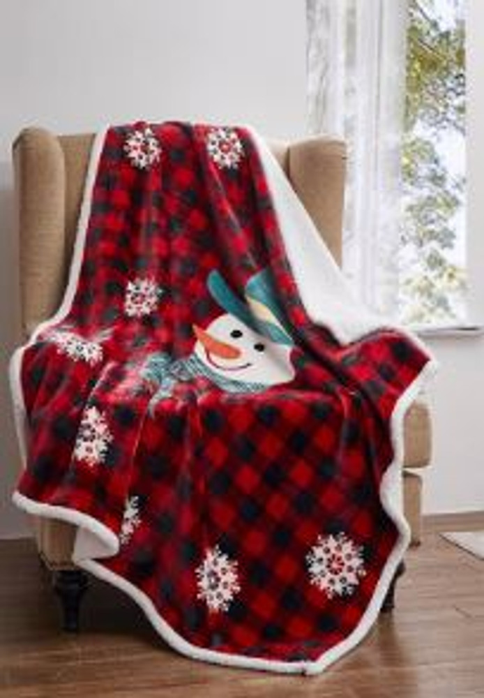 Buffalo Plaid Snowman Flannel Sherpa Throw Blanket | DTR10069