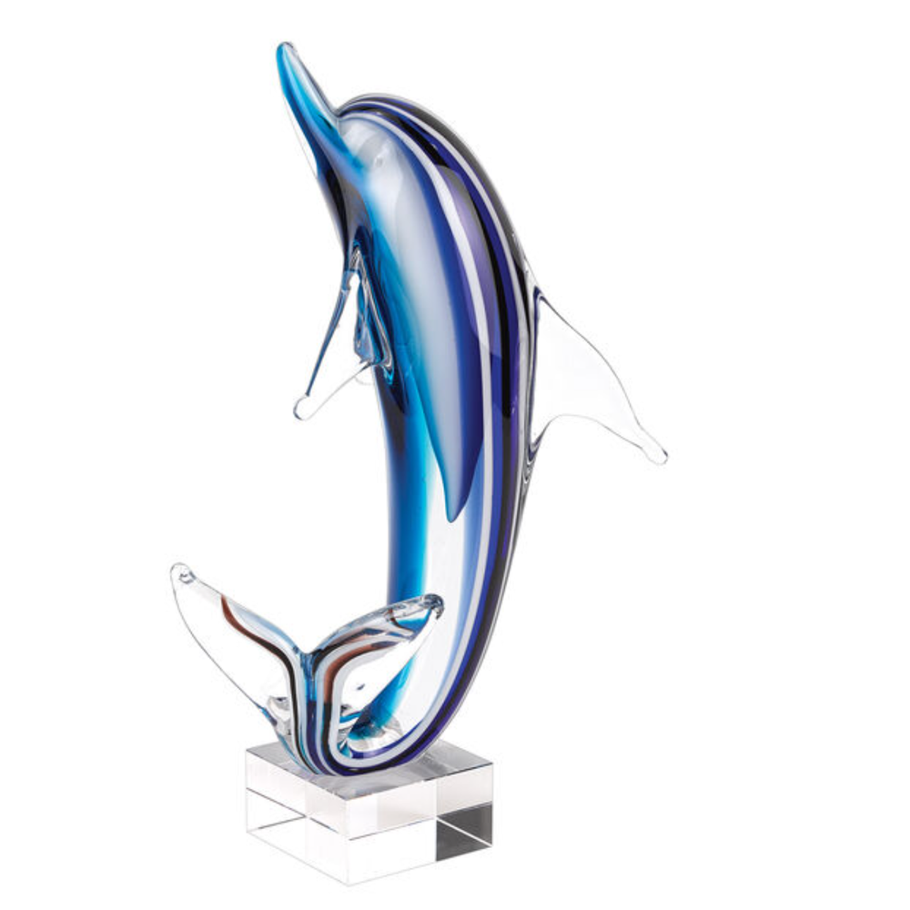 Blue Dolphin Art Glass Sculpture on Clear Base | BCRJ578