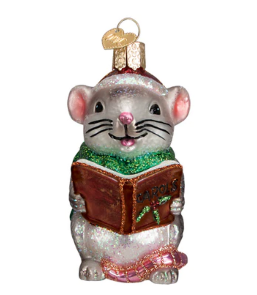 Caroling Mouse Glass  Ornament
