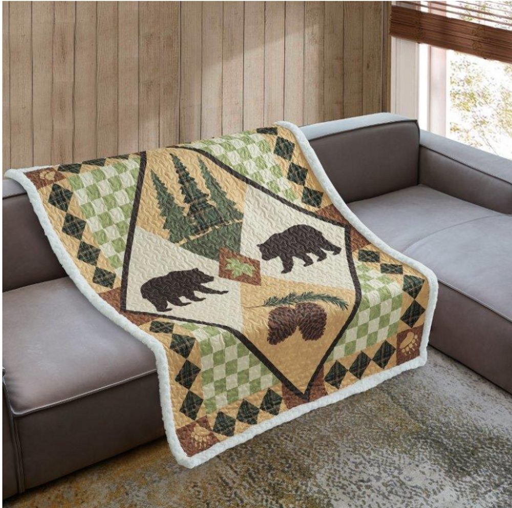 Bear Sherpa Throw Blanket "Four Point Lodge"