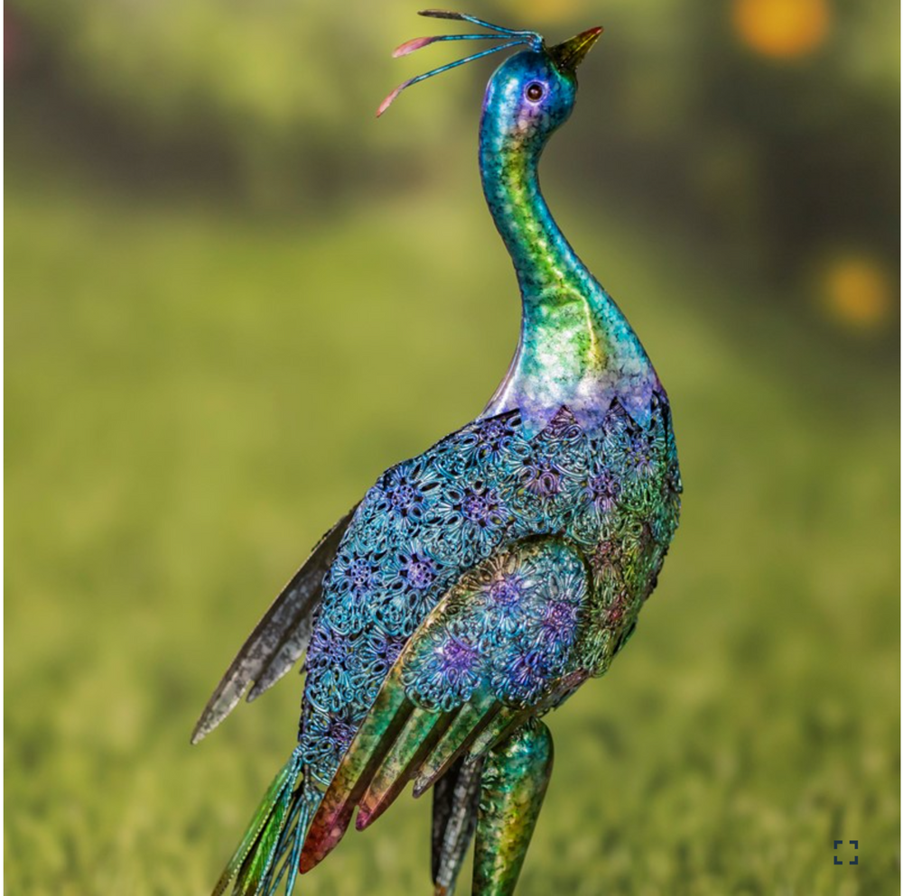 Colorful Painted Peacock Iron Garden Statue Set of 2