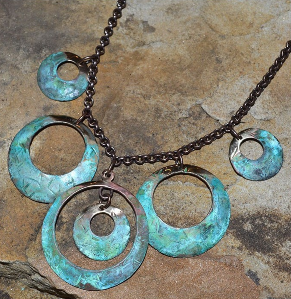 Verdigris Patina Hand Forged Brass Textured Tealeaf Geometric Circle Necklace